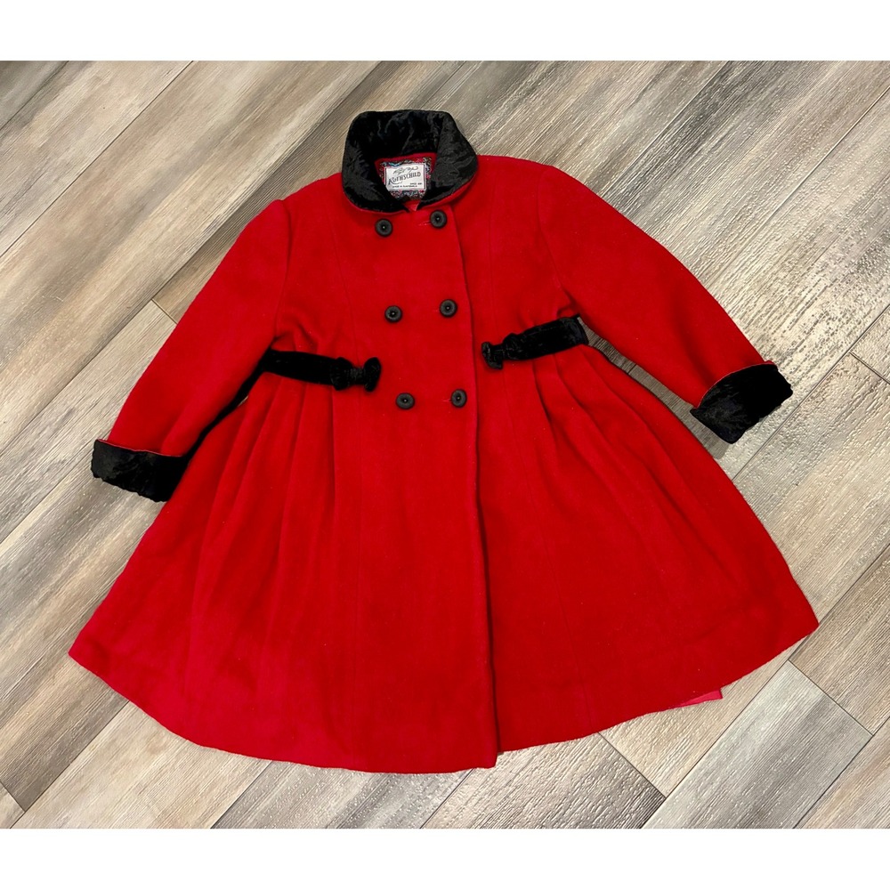 Vintage Rothschild Girls Size 4 Red 100% Wool Coat Black Velvet Bow Holiday - Picture 2 of 13